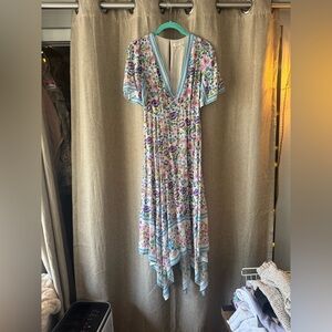 Spell Handkerchief Impala Lily Floral V-Neck Dress with Blue Accents